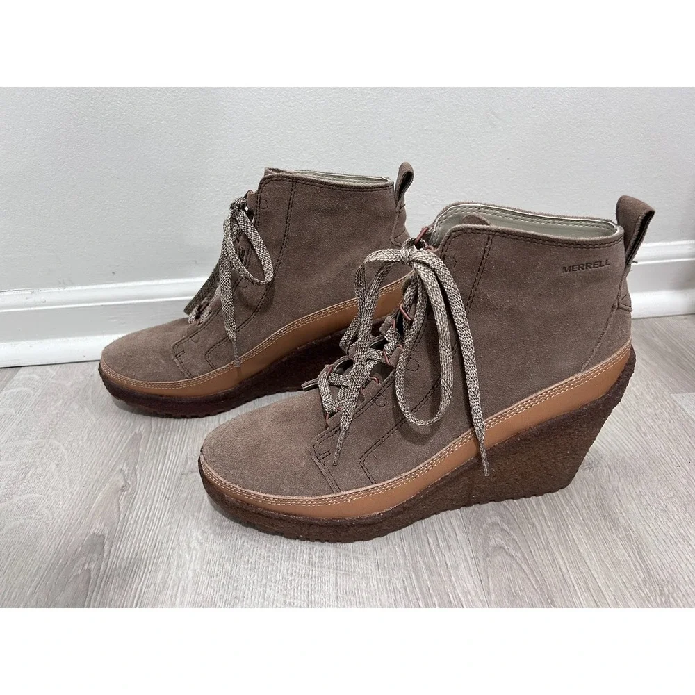 Merrell Tremblant Wedge Lace Up Suede Ankle Boots Womens 10‎ Brown Comfort